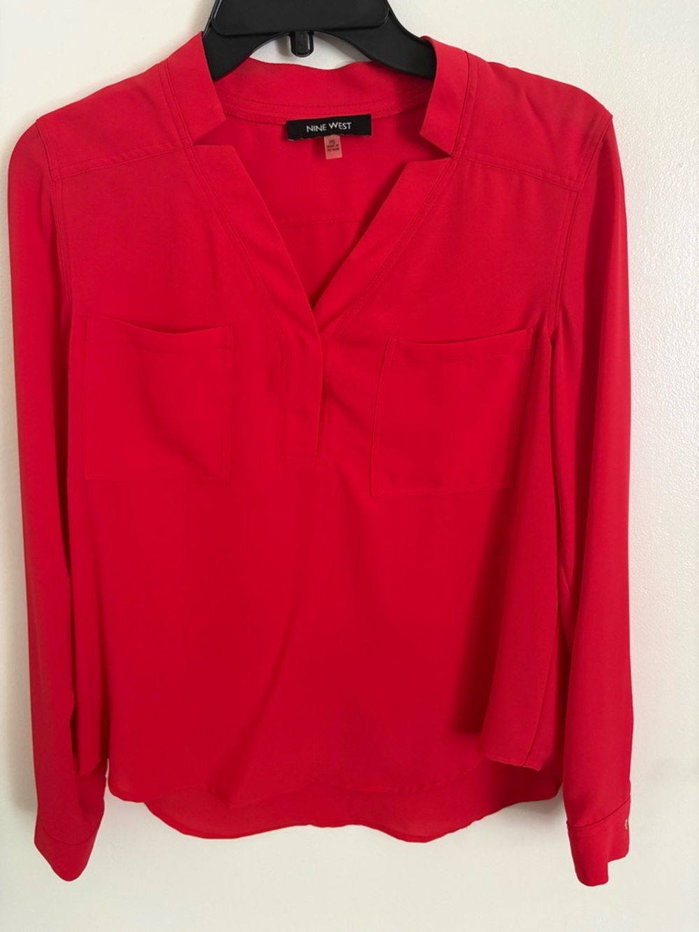 Nine West Women's Bright Red V-Neck Long Sleeve Blouse